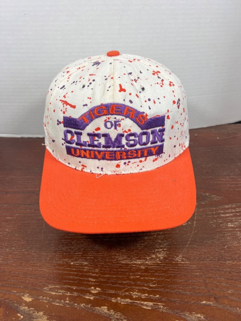 Vintage Clemson Tigers Snapback Hat Orange Purple Splatter Paint Broner Made USA
